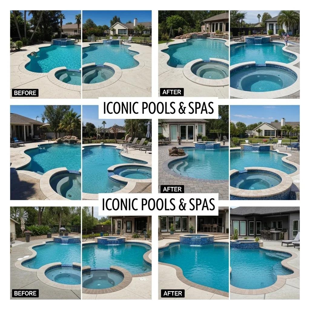 Before-and-after collage of pool remodeling projects by Iconic Pools & Spas, showcasing transformative renovations