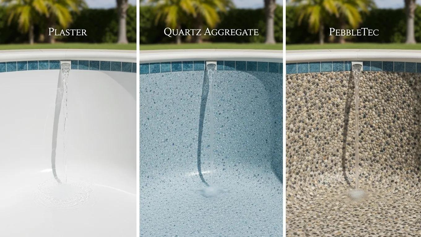 Comparison of different pool resurfacing finishes including plaster, quartz aggregate, and PebbleTec